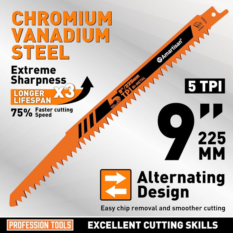Amartisan 5-Piece 9 Inch 5TPI Durable High Carbon Steel Reciprocating Saw Blade for Wood Cutting and Tree Pruning - Image 2
